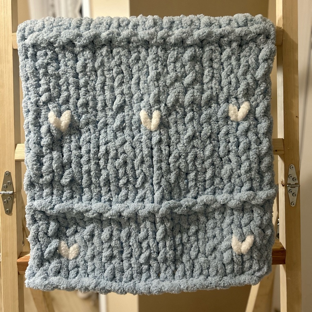 Hand-Knit Blue Knit Baby Blanket with Hearts